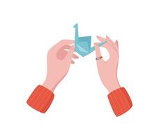 Hands making origami figure from paper in a creative school activity. Character engaging in fun craft, showcasing DIY concept, flat style, suitable for children's workshops and art classes. vector