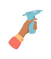Hand holding hot glue craft gun for DIY activity, showcasing supplies for creative projects. Concept of hobby and workshop, flat style image, suitable craft themes educational content. vector