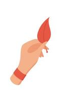 Hand holding a colorful leaf with a cute character in flat style. Concept of craft and creative activity, suitable for DIY projects and children's workshops. vector