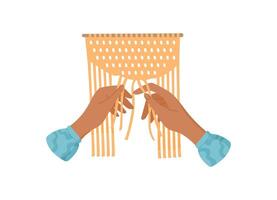 Hands create macrame craft using tools and supplies for DIY hobby activity. Concept of handmade work and craft. Flat style suitable for workshops creative classes. vector