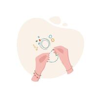 Woman's hands create a handmade bracelet using colorful beads and tools. DIY craft activity showcases hobby and creativity. Concept of craftwork, flat style, suitable for workshops or classes. vector