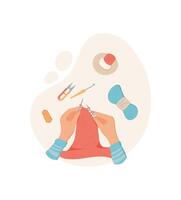 Hand sewing activity with colorful yarn and tools on a flat desk. Woman engages in DIY craft supplies for creative projects. Concept of crafting, hobby, and handmade artistry, suitable for workshops vector