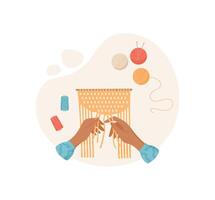 Hands work with yarn and textile in a craft workshop. DIY activity showcasing macrame hobby and creative expression. Concept of handmade crafts, flat style, ideal for art craft themes. vector