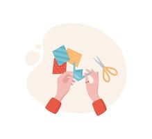 Hands create cute origami with paper and scissors in a flat style. Engaging activity for children, promoting creativity and handmade crafts. Ideal for school workshops DIY projects. vector