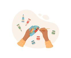Hands create colorful art using various tools in a craft activity. Engaging DIY project for children and adults. Concept of creativity, fun, and artistic expression. vector