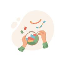 Woman engages in creative sewing activity with needlework kit on a flat surface. Concept of DIY and craftwork, colorful and cute design, suitable for art hobby projects. vector