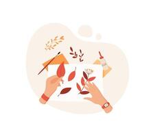 Hand crafting colorful leaves with glue and paper in a creative activity. DIY artwork features flat design style with cute character elements. Suitable for school projects and children's crafts. vector