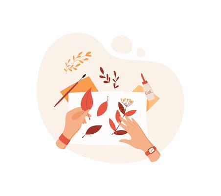 Hand crafting colorful leaves with glue and paper in a creative activity. DIY artwork features flat design style with cute character elements. Suitable for school projects and children's crafts.