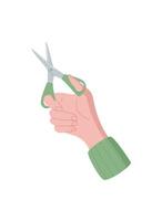 Hand holding scissors. Human gesture with scissors. Iconic symbol of cutting, cartoon graphic style, suitable for educational materials or creative projects. vector