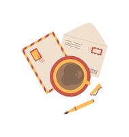 Flat coffee letter, postcard, envelope and note compositions on the table. Creative stationery design for mail communication, suitable for invitations or love notes. vector