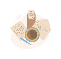 Mail and letter with note, envelope, and coffee cup create a cozy scene. Handwritten message showcases vintage charm. Concept of communication, love, creativity, suitable for greeting card designs. vector