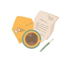 Flat coffee, envelope with letter and handwritten note, accompanied by a pen for writing messages. Concept of correspondence and communication, vintage style, suitable for stationery greeting card vector
