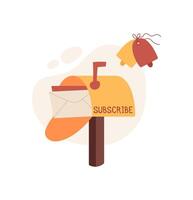 Cartoon mailbox with an envelope and message for subscribing. Flat design with creative touch, ideal for communication, correspondence, and digital marketing themes. vector