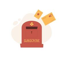 Vintage mailbox with an envelope, note, and card ready for postal delivery. Flat style design representing mail and message, ideal for creative communication stationery themes. vector