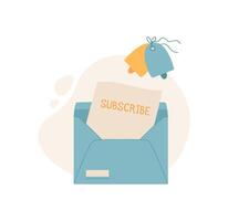 Flat envelope holding a subscribe note and message card. Creative communication concept with handwritten letter, postal icon, and trendy design. Suitable for digital marketing or subscription vector