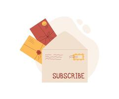 Flat cartoon envelope with love note and holiday card. Colorful mail message with seal and decorative elements. Concept of communication, romance, creative stationery, suitable for greeting cards vector
