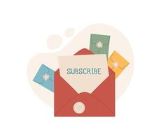 Envelope with message to subscribe, colorful mail and card in flat style. Concept of communication, love, and invitation. Suitable for greeting cards or holiday announcements. vector