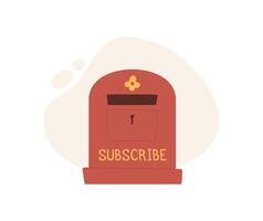 Cartoon mailbox with subscribe label in a flat style. Icon represents communication and correspondence, ideal for creative projects or greeting card designs, conveying a sense of fun and engagement. vector