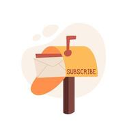 Cartoon mailbox with envelope and subscribe label. Flat design showcases message and note in a creative way. Concept of communication, delivery, correspondence, suitable for trendy stationery or vector