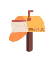 Cartoon mailbox with envelope and letter, delivering message to subscribe. Concept of mail, communication, and delivery, flat style, suitable for marketing or online content. vector