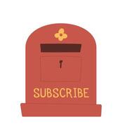 Vintage mailbox with a flower design and the word 'subscribe.' Cartoon illustration of a postal box, envelope, note, and card. Concept of communication, correspondence, creative delivery. vector