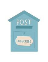 Flat cartoon mailbox or postbox with subscribe label and note for messages. Concept of mail delivery, message, and communication, creative style, suitable for digital or print media. vector