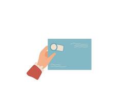 Hand hold envelope for mail and message in flat cartoon graphic style. Illustration of correspondence with label, suitable for creative projects, invitations, or greeting cards. vector