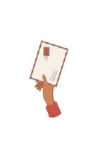 Hand holding a letter and envelope with stamp. cartoon graphic style of mail and message delivery. Concept of communication love, suitable for holiday greetings stationery needs. vector