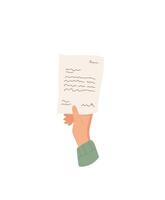 Hand holding a handwritten letter on paper with notes and messages. Concept of letter, note, message, love, and flat style. Ideal for communication or invitation themes. vector