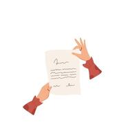 Handwritten letter and note on paper held by woman with creative flat style. Concept of message, card, and envelope, suitable for communication, love, romantic invitations. vector