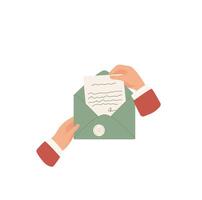 Envelope with letter and note held by a woman. Open paper filled with love and handwritten message. Concept of communication, romance, correspondence, flat cartoon graphic style, suitable for greeting vector