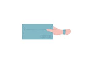Envelope held by hand, symbolizing mail and message for correspondence. Flat style design, ideal for creative projects, stationery themes, and invitations. vector