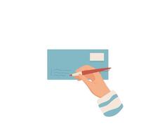 Hand holding a pen, writing a message on flat envelope. Creative correspondence and card for sending mail. Concept of communication, love, and personal touch in written notes. vector