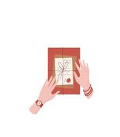 Romantic letter and love card with envelope and handwritten message. Concept of holiday, note, correspondence, flat design, suitable for greeting card invitations or messages. vector
