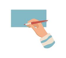 Hand holding pen and writing on paper note or card. Simple cartoon graphic style with focus on correspondence and message creation. Ideal for stationery, creative projects, holiday invitations. vector