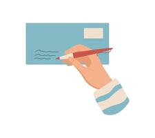 Hand holding a pen, writing a letter on an envelope. Flat style design of mail, note, and message with creative elements. Concept of correspondence, suitable for stationery or greeting card themes. vector