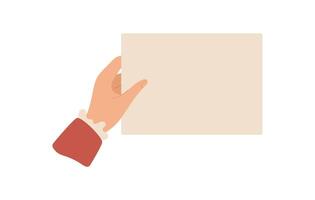 Hand hold flat paper card with creative message and note. cartoon graphic style envelope showcases personal correspondence. Ideal for stationery, greeting card concepts, and love notes. vector