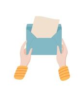 Hand hold envelope containing a letter or message. Concept of love and correspondence, flat style, suitable for communication and stationery themed projects. vector