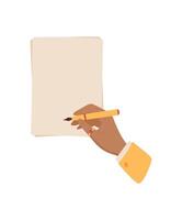 Hand holding pen to write on flat paper note and card. cartoon graphic style message with envelope for written correspondence. Concept of love, communication, and creativity in stationery. vector