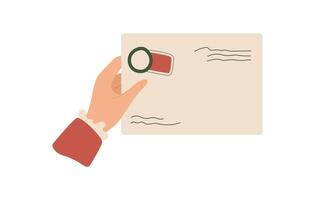 Woman hand holding envelope with seal, conveying a heartfelt message of love. Flat style design features postmark icon, ideal for greeting cards, correspondence, and invitations. vector