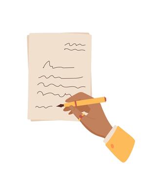 Hand holding a pen and writing a love letter on flat paper. Handwritten note with message in cartoon graphic style, perfect for romantic correspondence or greeting cards. Ideal for love themes.