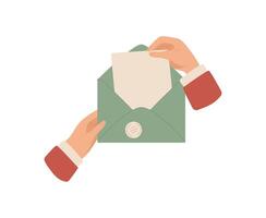 Hand hold a vintage envelope with a letter inside. Creative flat design featuring mail and message elements on paper. Suitable for communication themes, invitations, or stationery projects. vector