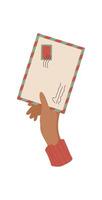 Hand holding a vintage letter envelope with a colorful seal. Flat cartoon graphic style illustration of mail and message. Concept of love, communication, and holiday greetings, ideal for stationery vector
