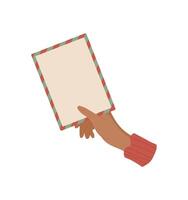 Hand holding a vintage letter card with envelope, ready to send a message. Concept of love and correspondence, flat stationery style, ideal for invitations and creative communication. vector