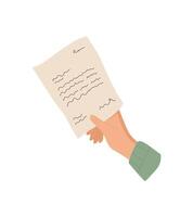 Hand holding a handwritten letter and love note on paper. Simple flat cartoon graphic style with envelope and message. Concept of correspondence, communication, creative stationery use. vector