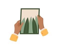 Hand holding a flat paper note card with flower design and envelope. Concept of love and handmade stationery, creative communication, suitable for holiday or romantic occasions. vector