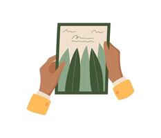Hand holding a handwritten note with a heart and plant doodle. Simple message card with love theme, flat style, perfect for personal correspondence or creative invitations. vector