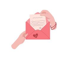 Romantic girl holding flat envelope with handwritten message. Cute card for holiday celebration and special occasions. Concept of love, romance, and expression of feelings in a creative way. vector