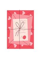 Flat pink card decorated with hearts, representing love and romance. Handmade envelope holding a valentine note and message. Concept for expressing feelings in postal delivery for valentine day. vector
