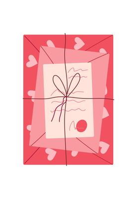 Flat pink card decorated with hearts, representing love and romance. Handmade envelope holding a valentine note and message. Concept for expressing feelings in postal delivery for valentine day.
